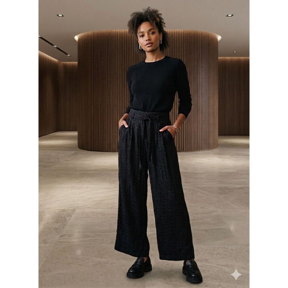 Nine West Women’s S Black Leopard Print Wide Leg Belted Pull On Pants Elegant
